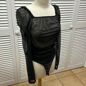 Black Sheer Long Sleeve Bodysuit Thong Size M
